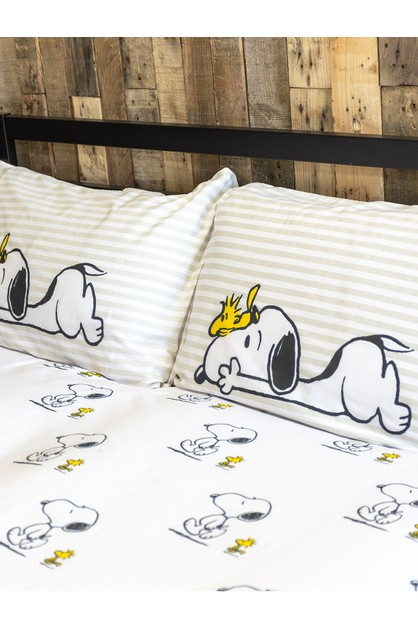 Snoopy Double Duvet Cover Officially Licensed Reversible Two Sided Besties Design with Matching Pillowcase Polycotton Grey 