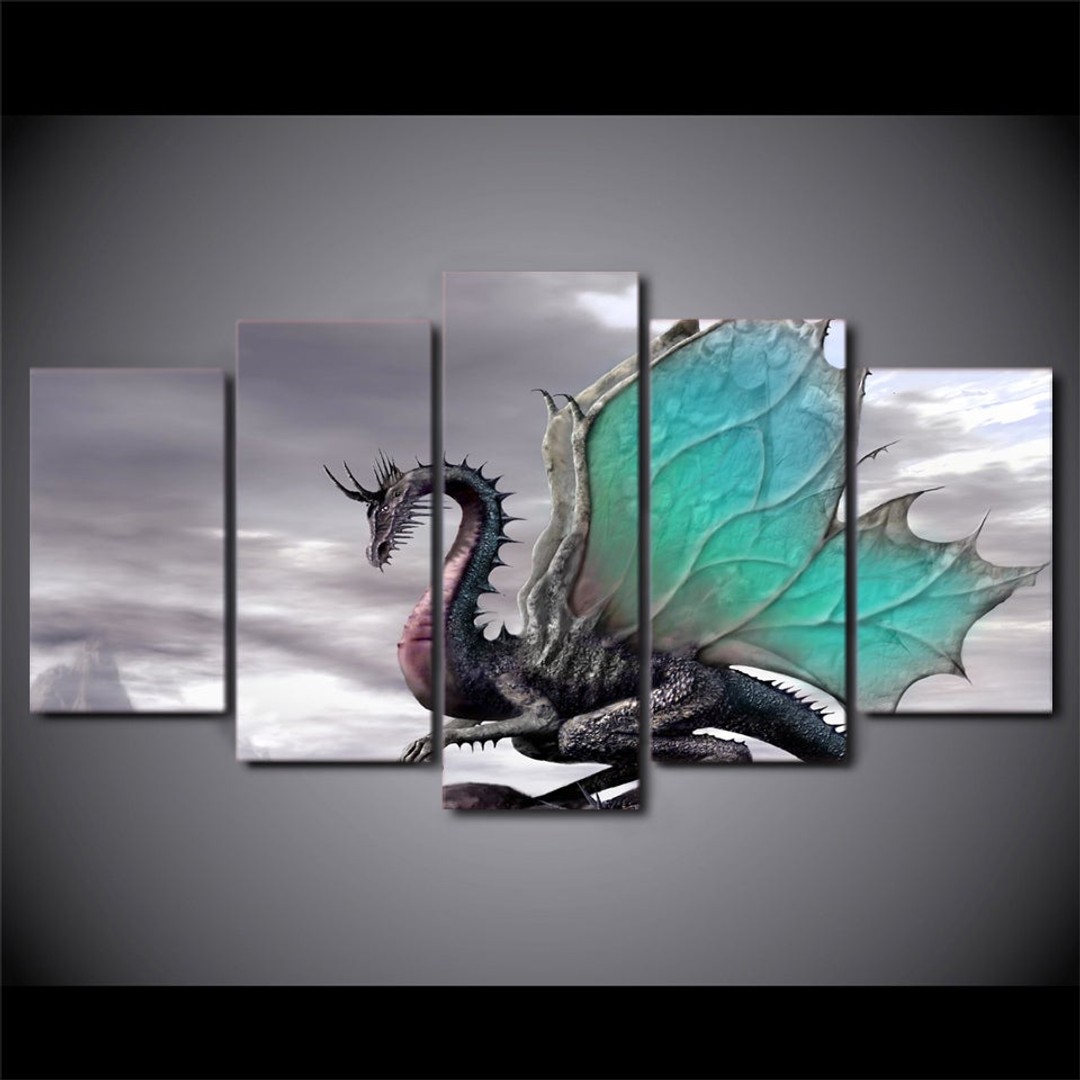 Framed 5 Panels - Dragon - Canvas Print Wall Art