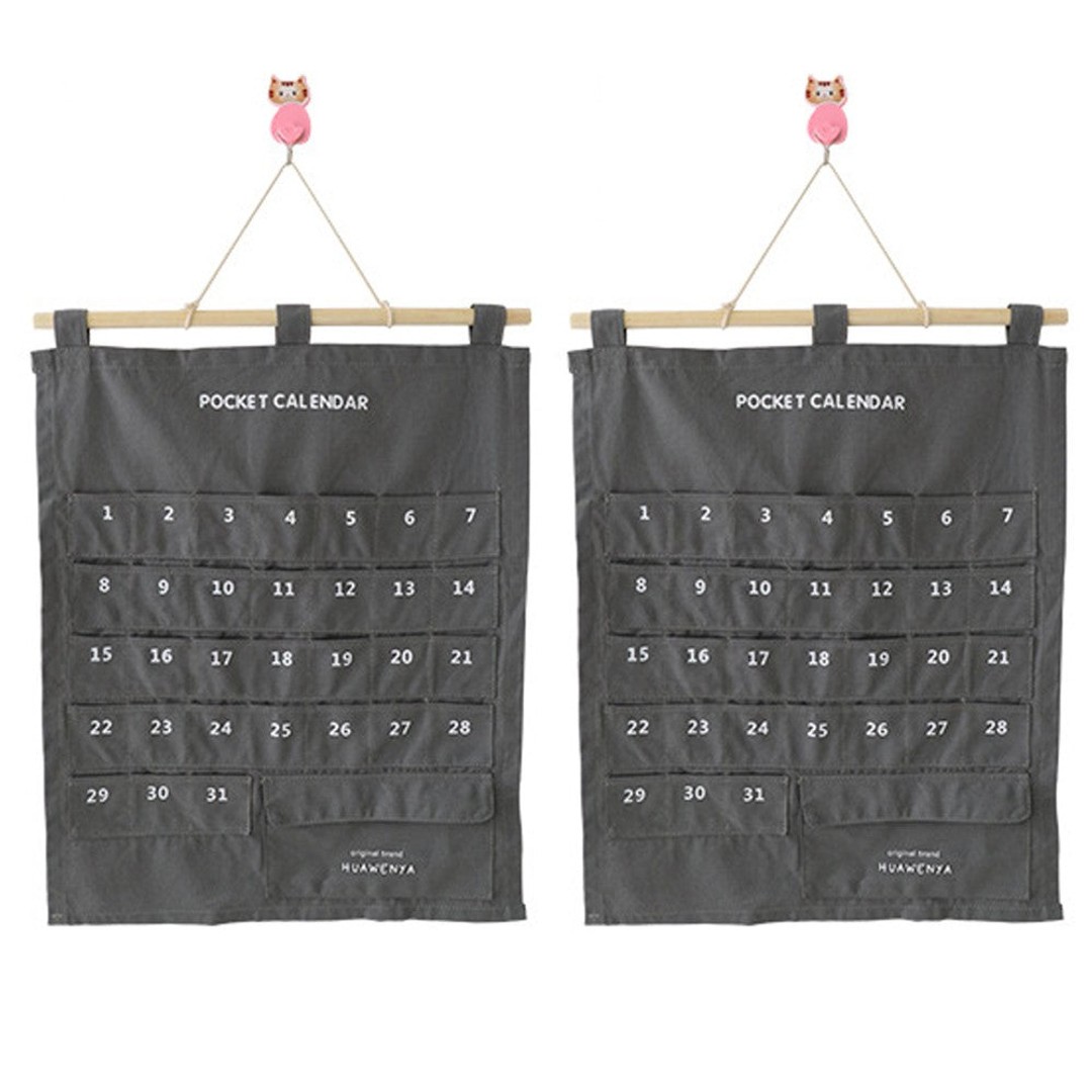 2 X Hanging Calendar Storage Bag with 32 Pockets Hanging Calendar Memo Bag Grey