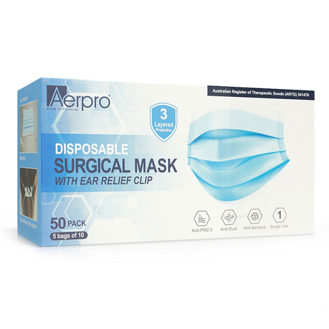 50PK Aerpro Disposable Surgical Mask Protective 3 Layer Filter w/Ear Relief Clip