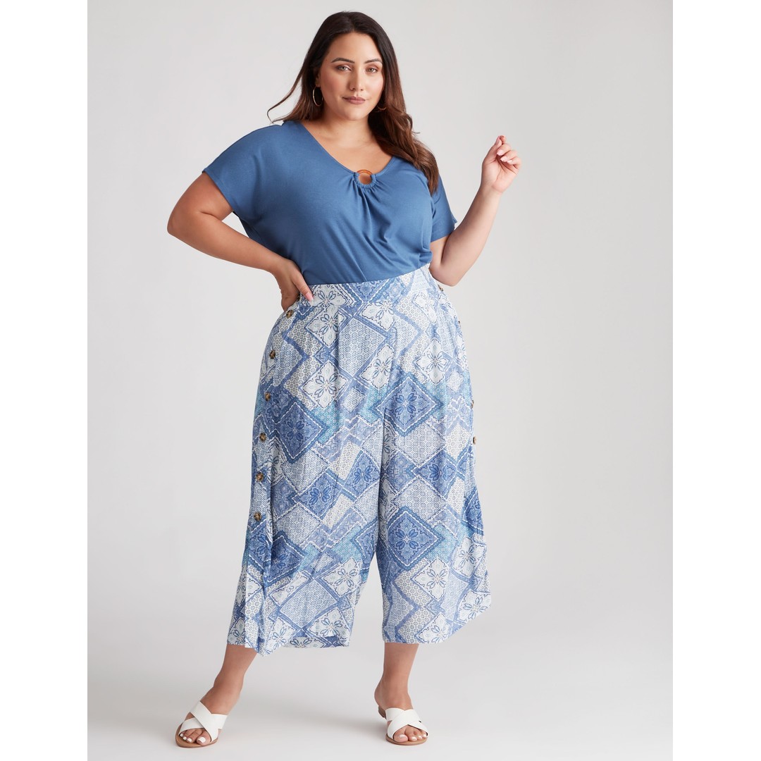Womens Beme Crop Length Button Side Woven Pants - Plus Size, Blue, hi-res