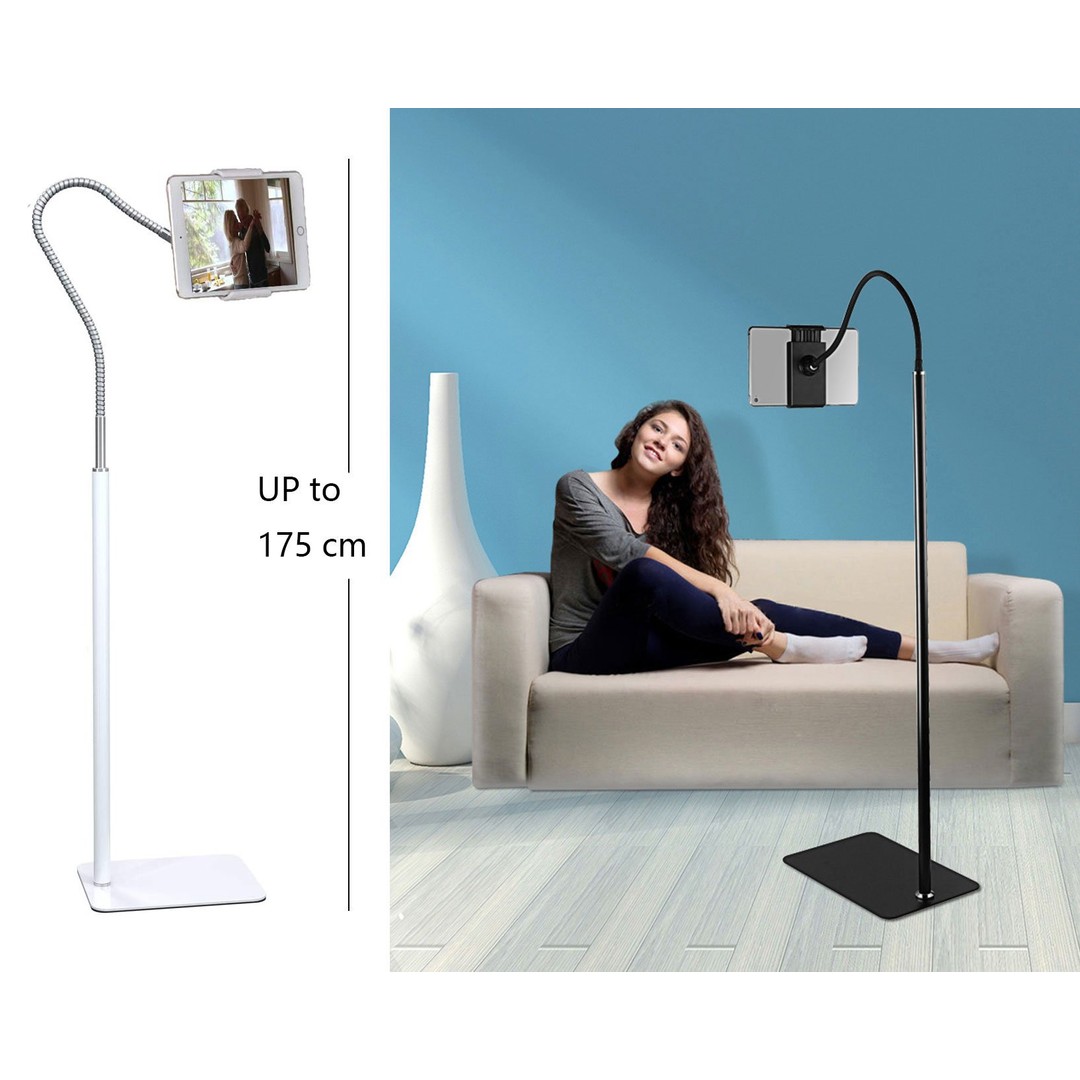 Zakka Tablet Stand Cell Phone Stand 175cm with Flexible Gooseneck and Stable Base Adjustable 360 Degree Rotating Floor Stand - White