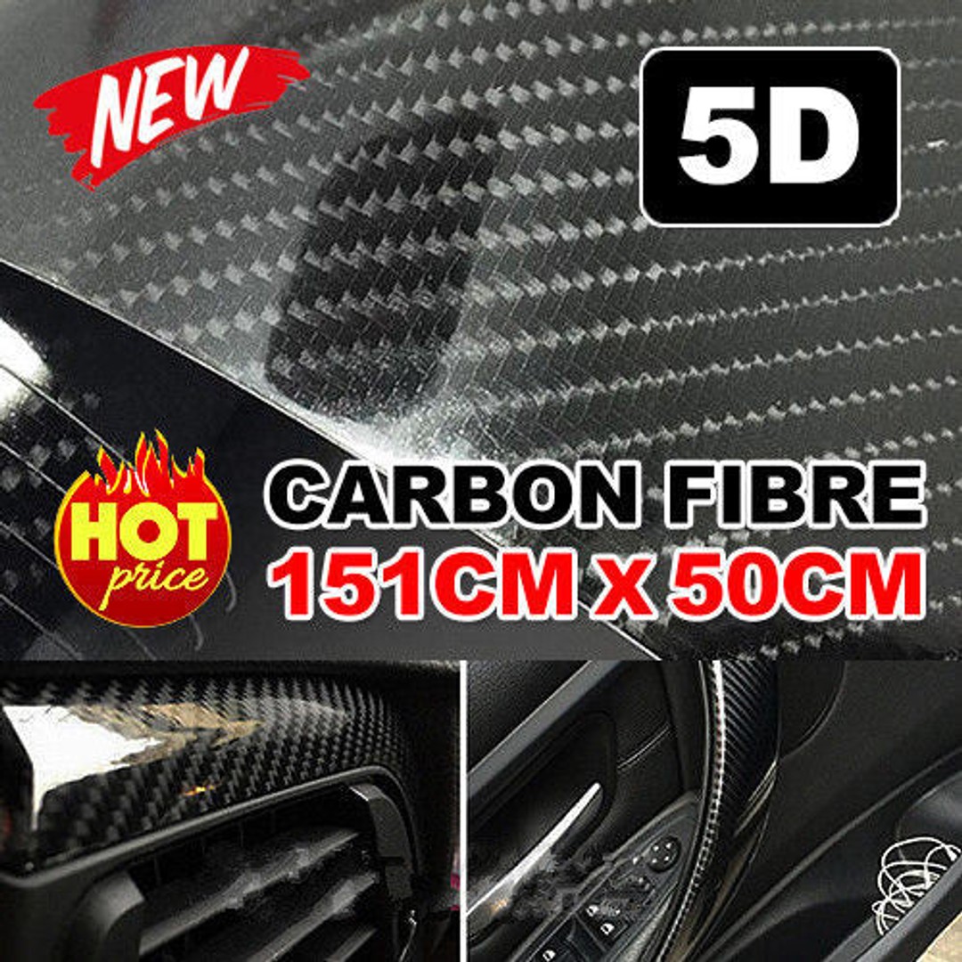 5D 1.51M x 50cm Gloss Black Carbon Fibre Fiber Vinyl Car Wrap Air Release Film, Black, hi-res