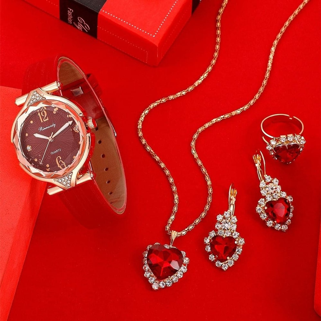 5pcs Set Watches Women Leather Band Ladies Watch Simple Casual Womens Analog WristWatch Bracelet, Red, hi-res