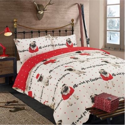 Dreamscene Christmas Pug Reversible Double Duvet Set Pertemba