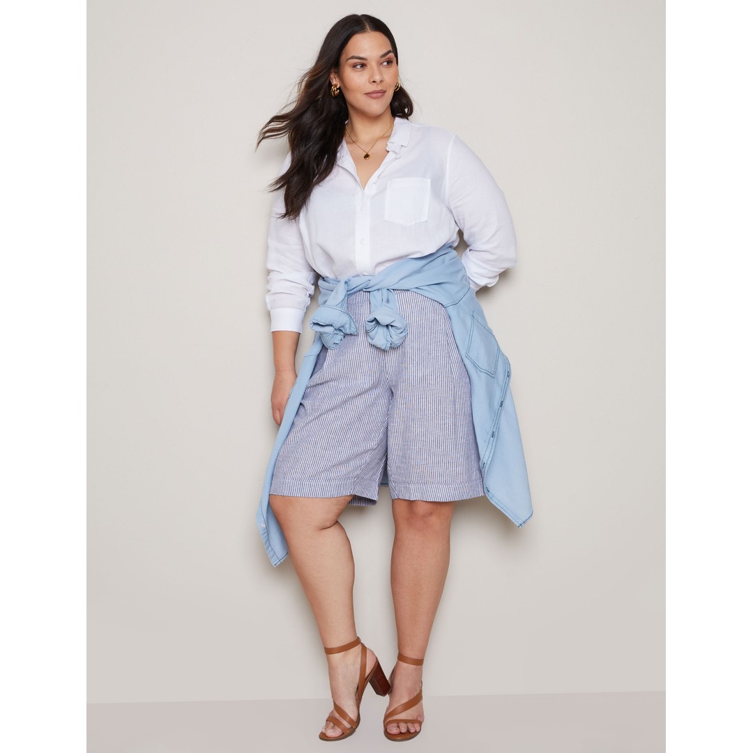AUTOGRAPH - Plus Size - Womens Blue Shorts - Summer Clothing - Linen Knee Length - Striped - Chino - Elastic Waist - Casual Comfort Wear Good Quality