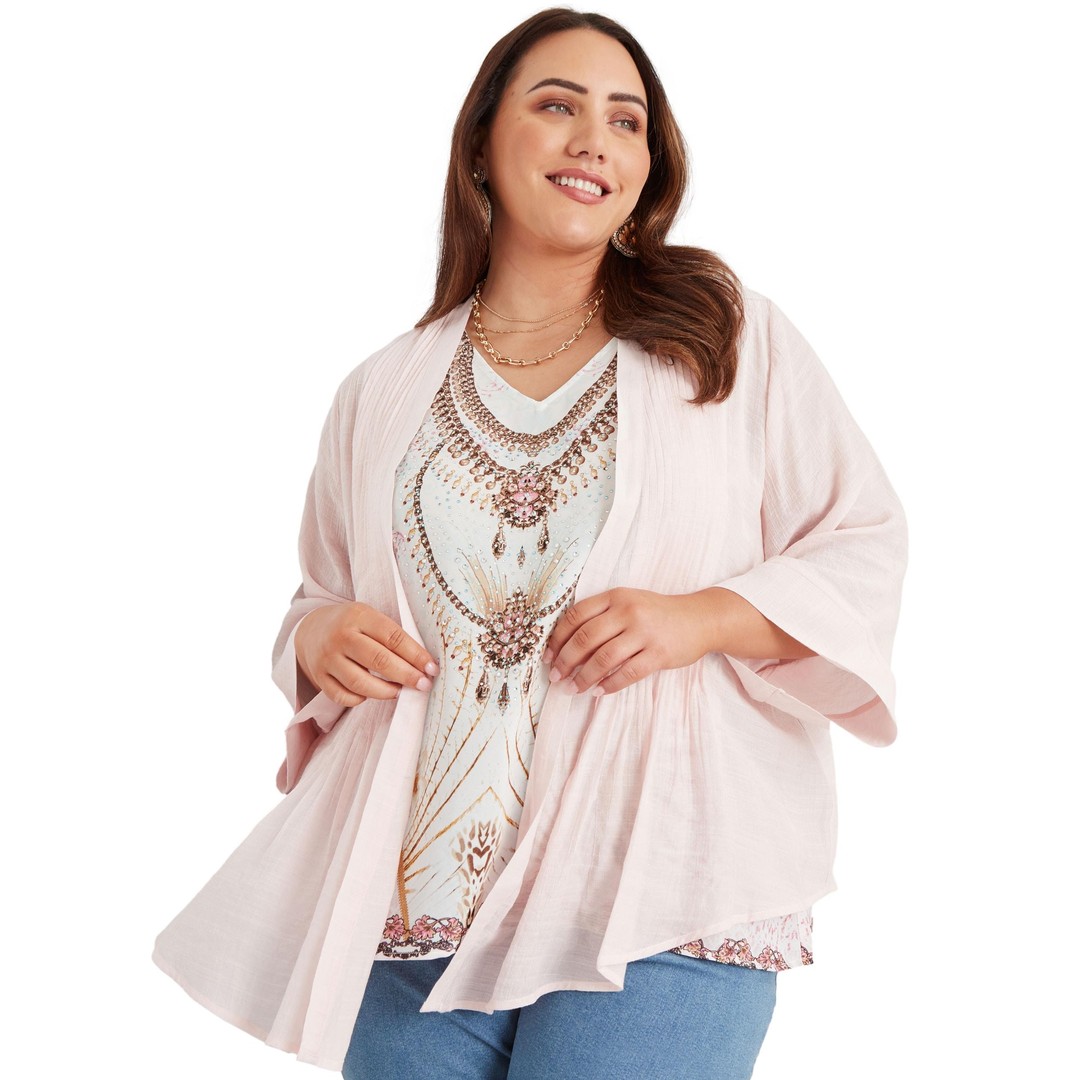 Womens Beme Pleated 3/4 Sleeve Cover Up - Plus Size, Pink, hi-res