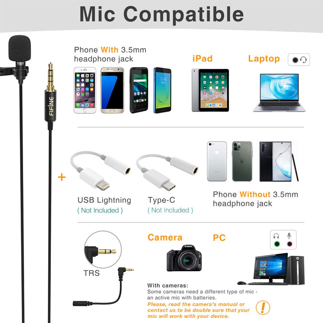 Fifine C1 Lavalier 3.5mm Microphone w/ Extension Cable for Smartphone/Camera/PC, , hi-res