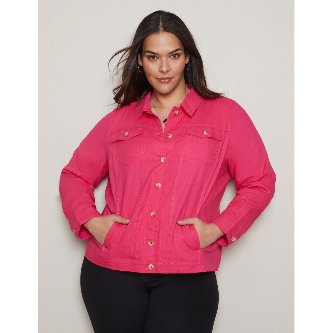 Womens Autograph Long Sleeve Linen Blend Denim Style Jacket - Plus Size, Pink, hi-res