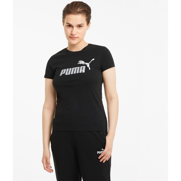 Puma Womens ESS+ Metallic Logo Tee - Black | PUMA Online | TheMarket ...