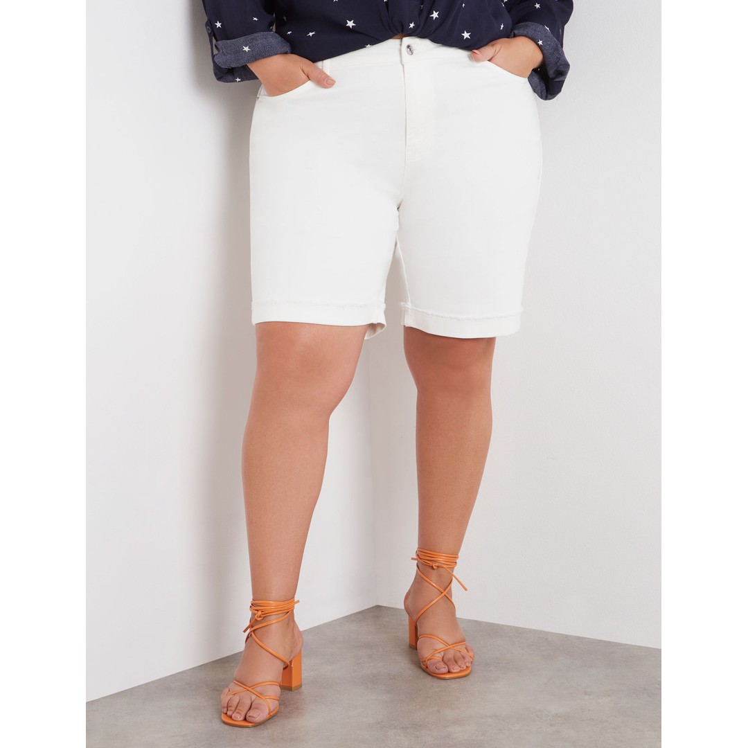 BeMe - Plus Size - Womens White Shorts - Summer - Cotton Knee Length High Waist - Elastane - Denim - Stitch Detail - Comfort Fashion - Good Quality