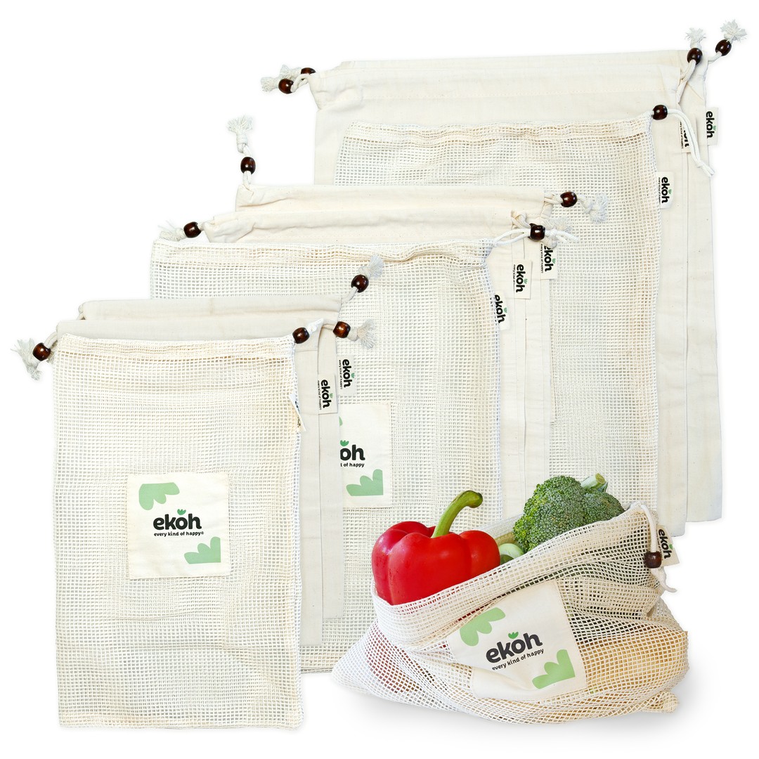 EKOH Organic Mesh and Cotton Reusable Produce Bags - Pack of 6