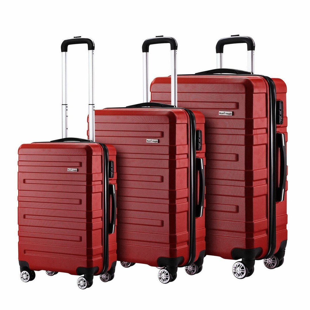 3 Piece Luggage Set Travel Suitcases Hard Carry On Trolley Lightweight with TSA Lock and 2 Covers Red