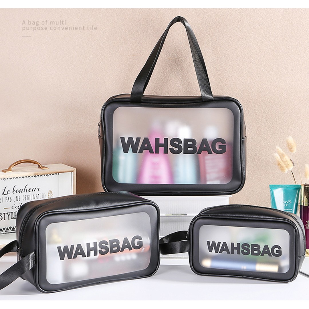 3Pcs Transparent Travel Waterproof Cosmetic Bag Set-Black