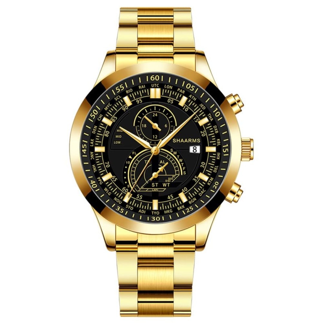 Fashion Mens Stainless Steel Watches Quartz Wristwatch Calendar Luminous Clock Men Business Casual Watch, Gold, hi-res