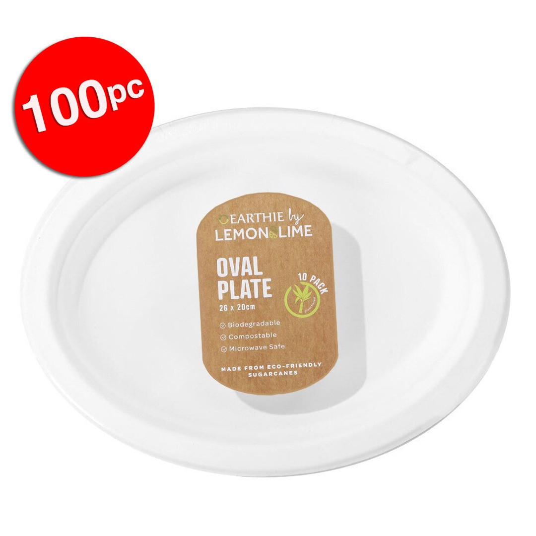 100pc Lemon & Lime Eco/Biodegradable/Compostable Disposable 26cm Oval Plate Whit