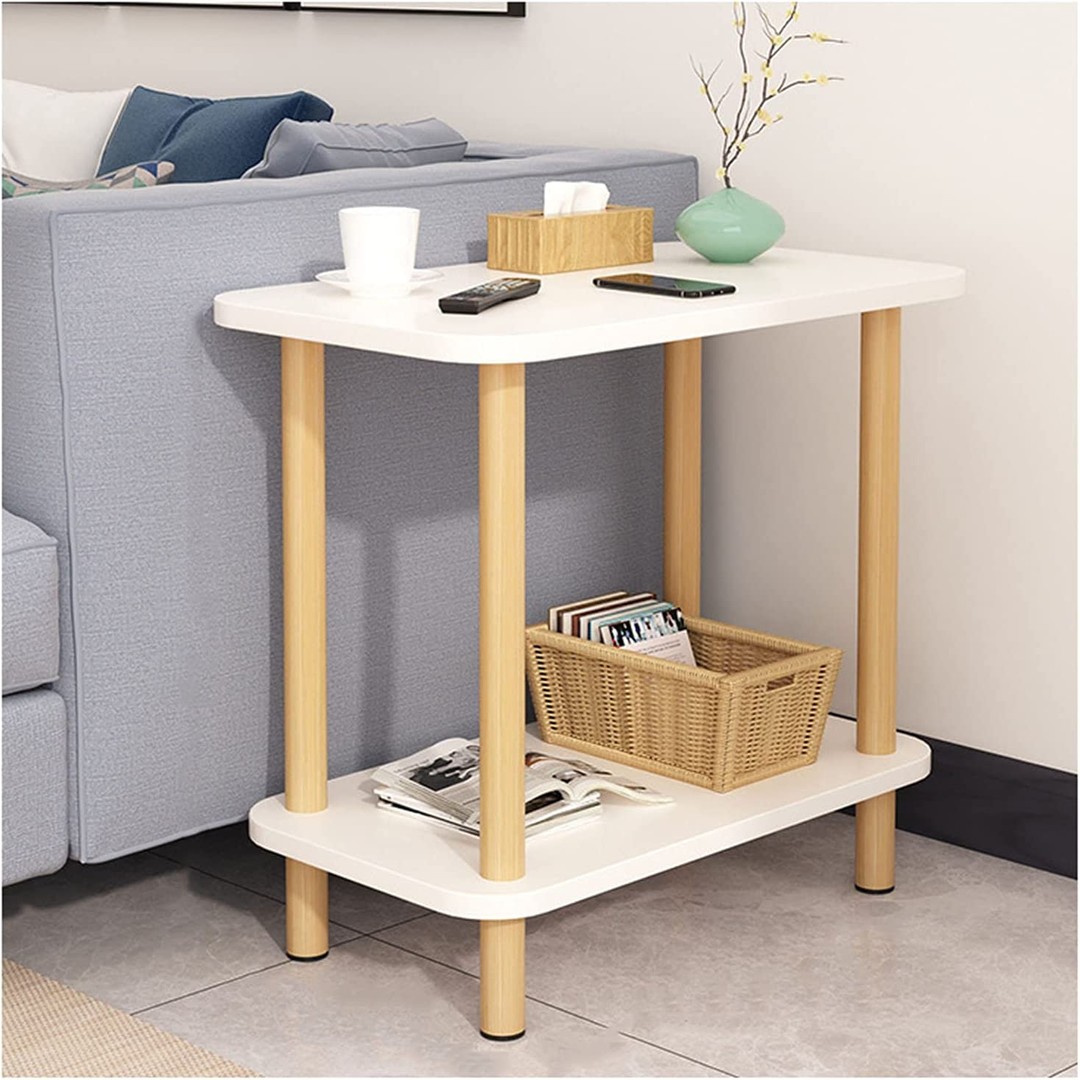 2-Tier Tall Rectangle  Wooden Side Table Bedside Table-White