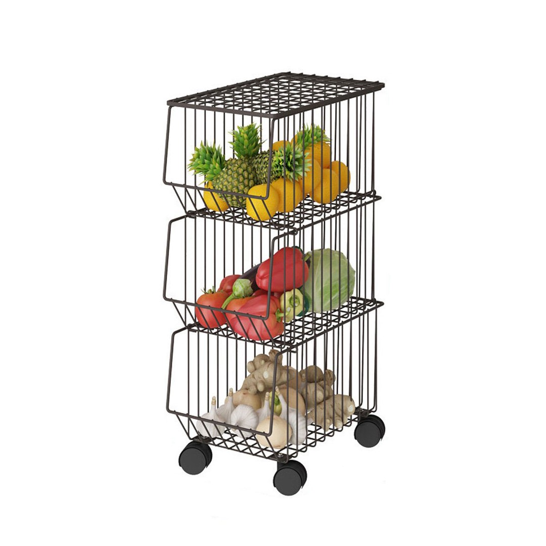 3 Tier Kitchen Rolling Cart Fruit Vegetable Basket Stand Brown