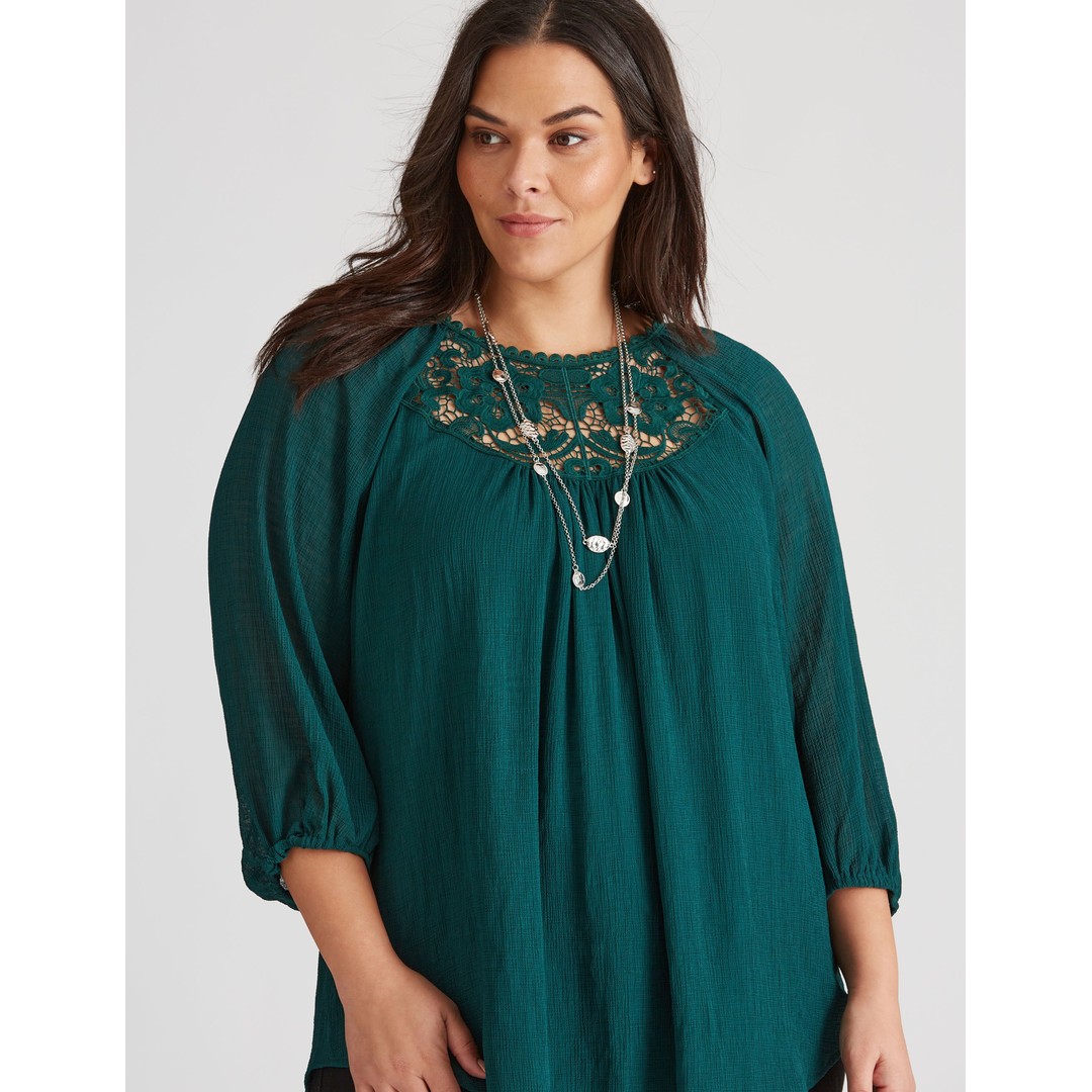 Womens Autograph Woven 3/4 Sleeve Lace Insert Top - Plus Size