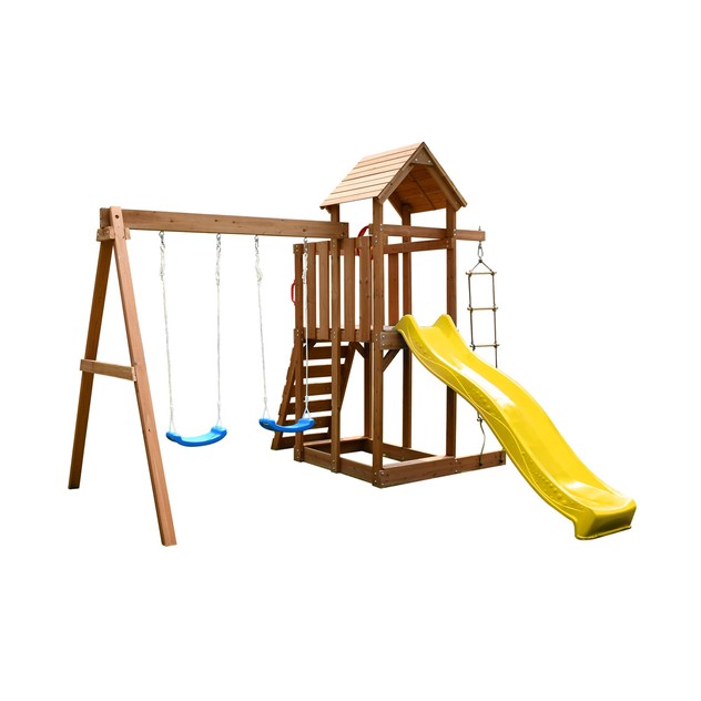Wooden Playhouse With Swing Slide, Wooden Playhouse With Slide And Swing