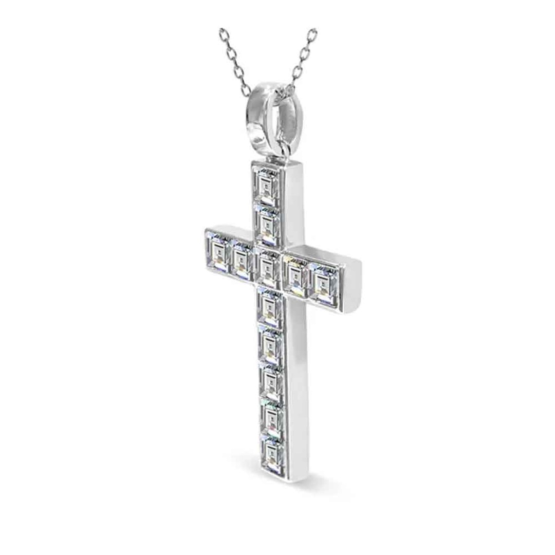 18K White Gold Premium Crystal Cross Necklace "Ruth", Frenelle, hi-res