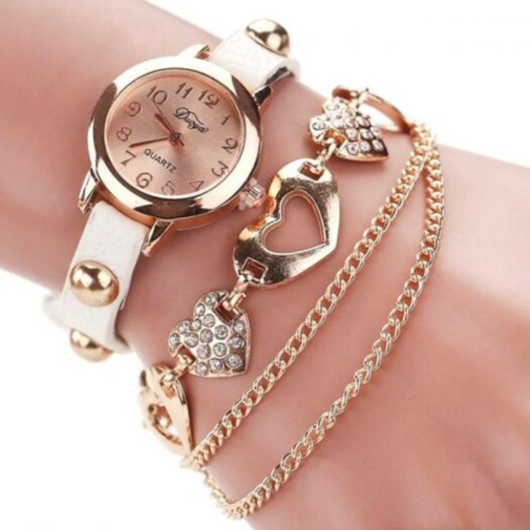 D020 Women Heart Analog Chain Quartz Wrist Watch White, As shown, hi-res