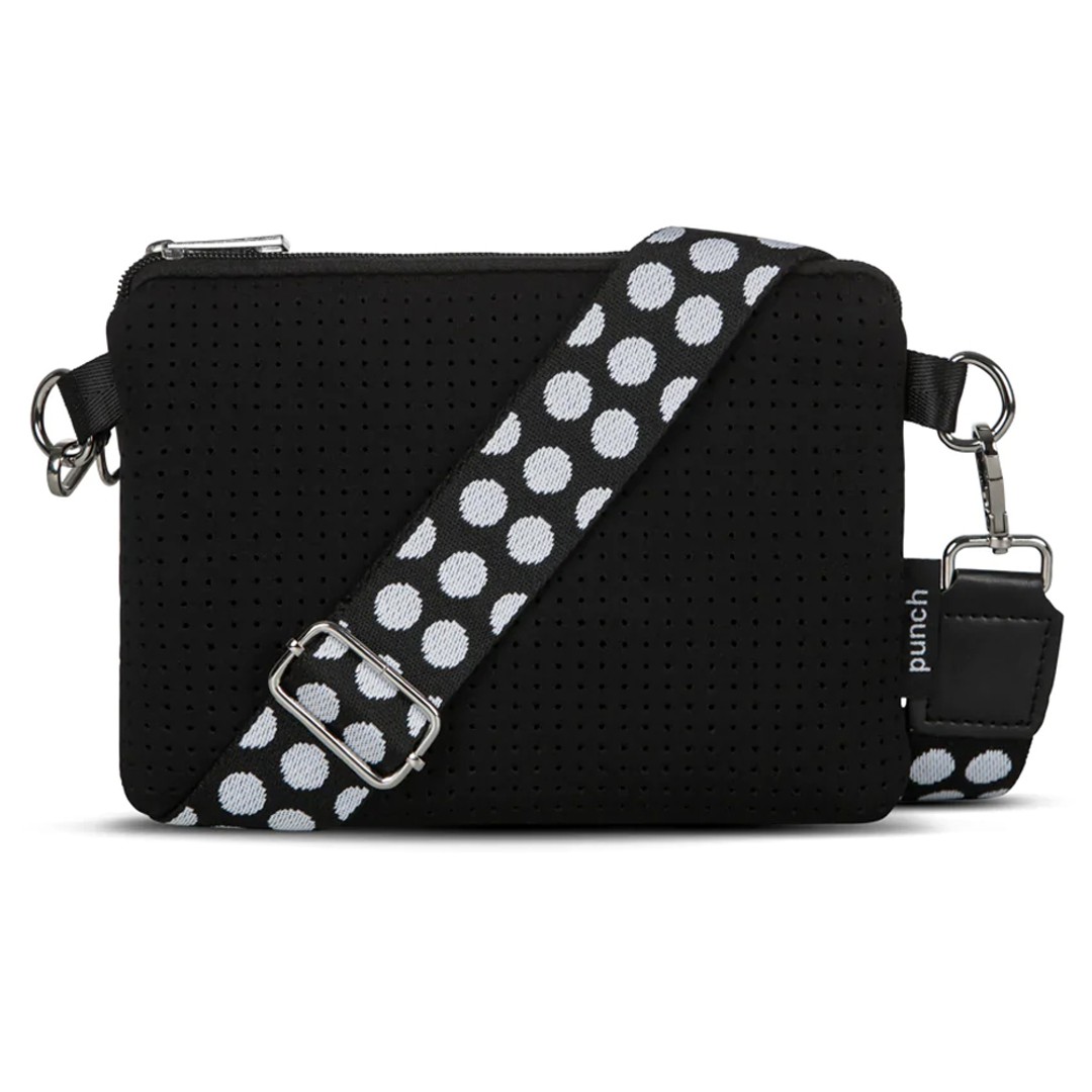 Punch Neoprene Handbag Small Cross Body Travel Bag/Purse w/BLK/WHT Spotted Strap