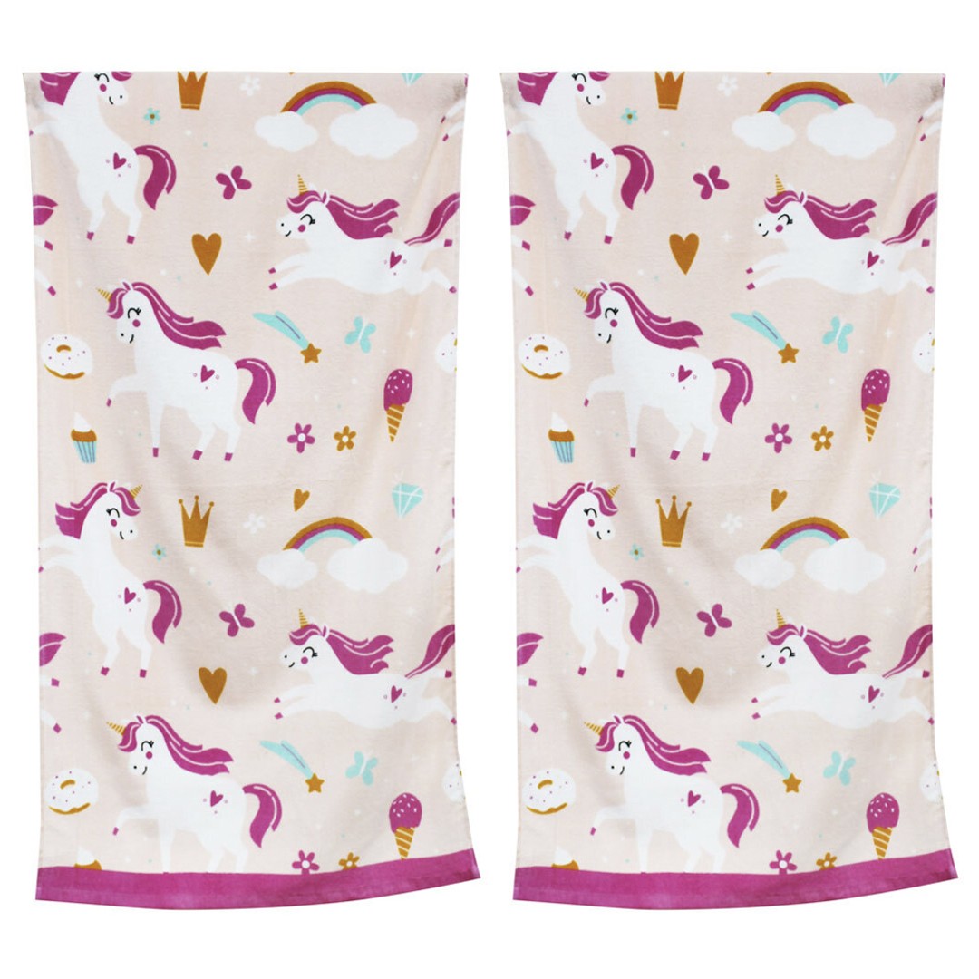 2x Onkaparinga Kids 60x120cm Beach Towel Absorbent Cotton Unicorns & Rainbows
