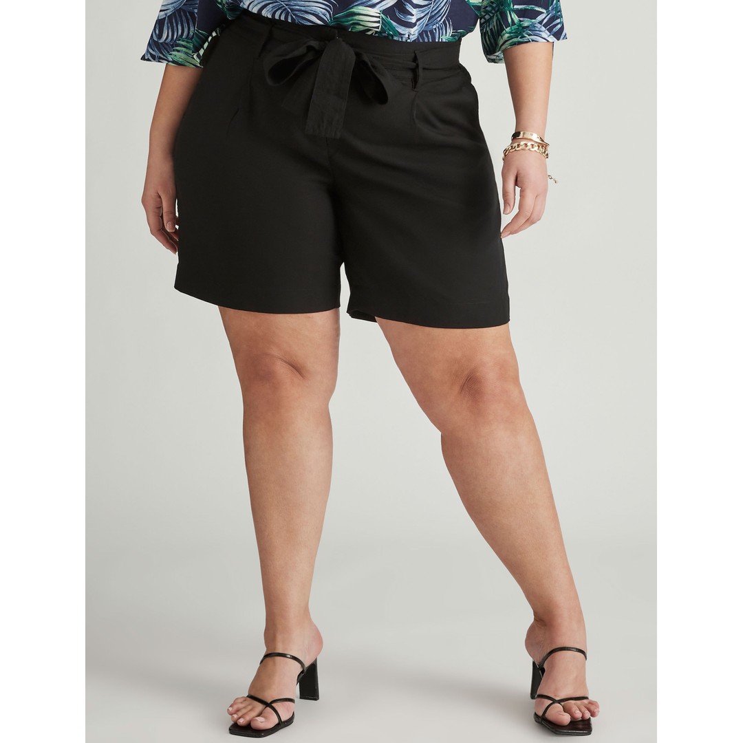 AUTOGRAPH - Plus Size - Womens Black Shorts - Summer - Linen Clothing Mid Thigh - Bermuda - Woven - Tie Front - Comfort Fashion Casual Work Beach Wear