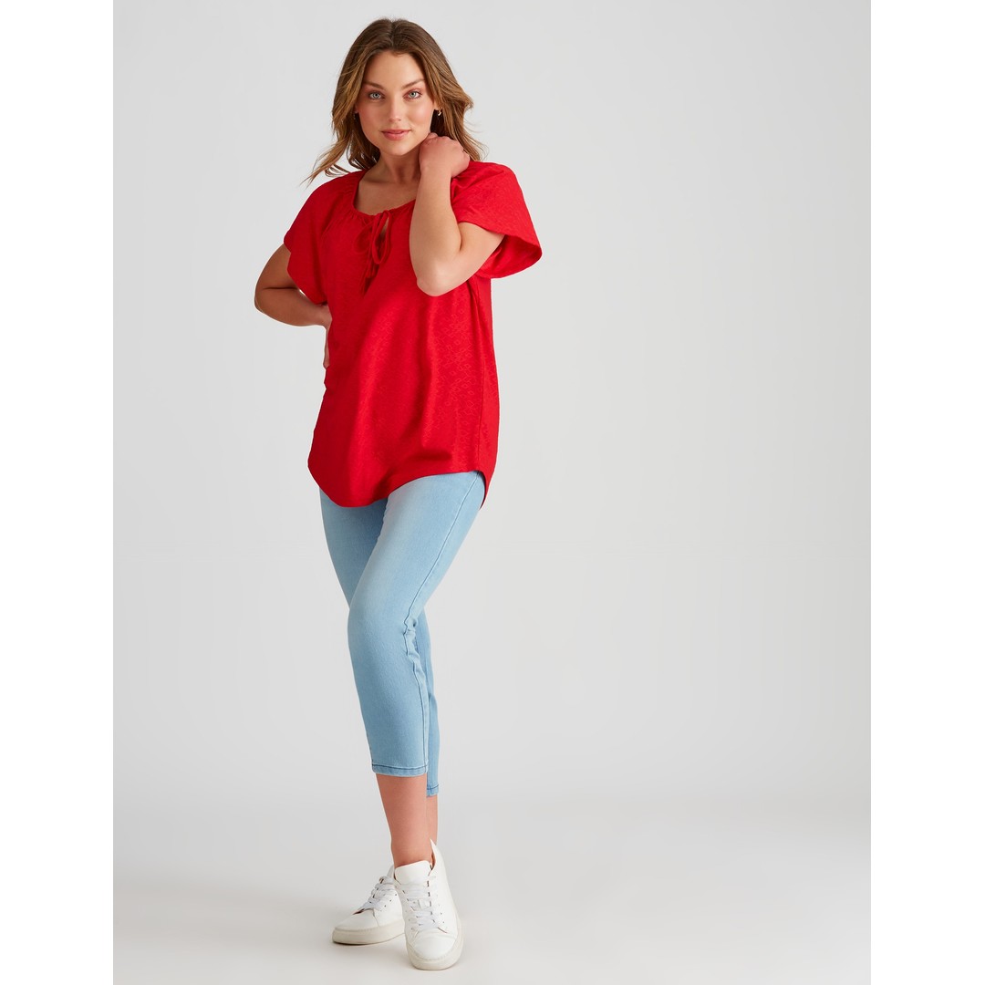 Womens Rockmans Embroidered Knit Tassel Top, Red, hi-res