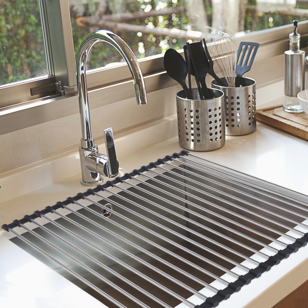 TOQUE Stainless Steel Dish Drying Rack Over Sink Kitchen  Foldable RollUp Mat