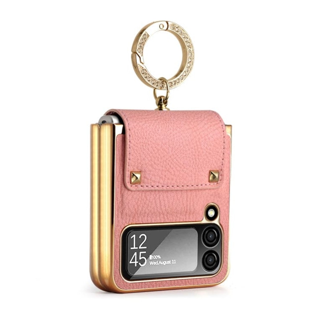 Samsung Galaxy Z Flip 4 GKK Rigid Protective Cover, Leather Texture, Ring/Clip, Electroplated Gold