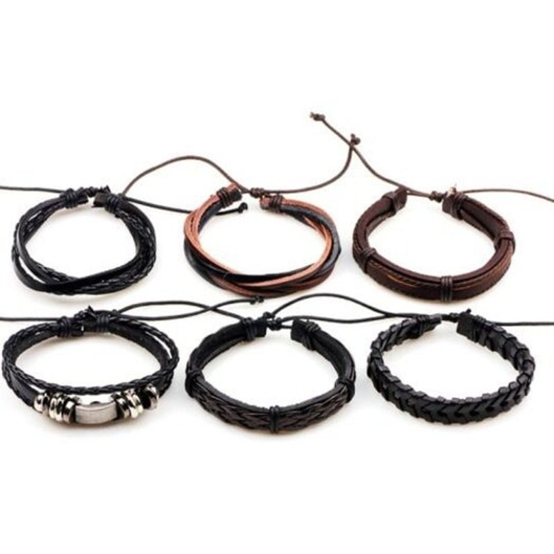 Multi Layer Retro Woven Pu Leather Bracelet 6Pcs, As shown, hi-res