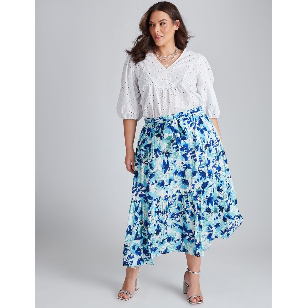 AUTOGRAPH - Plus Size - Womens Skirts - Midi - Summer - Blue - Floral - A Line - Oversized - Woven - Belted Tiered - Casual Fashion - Work Clothes