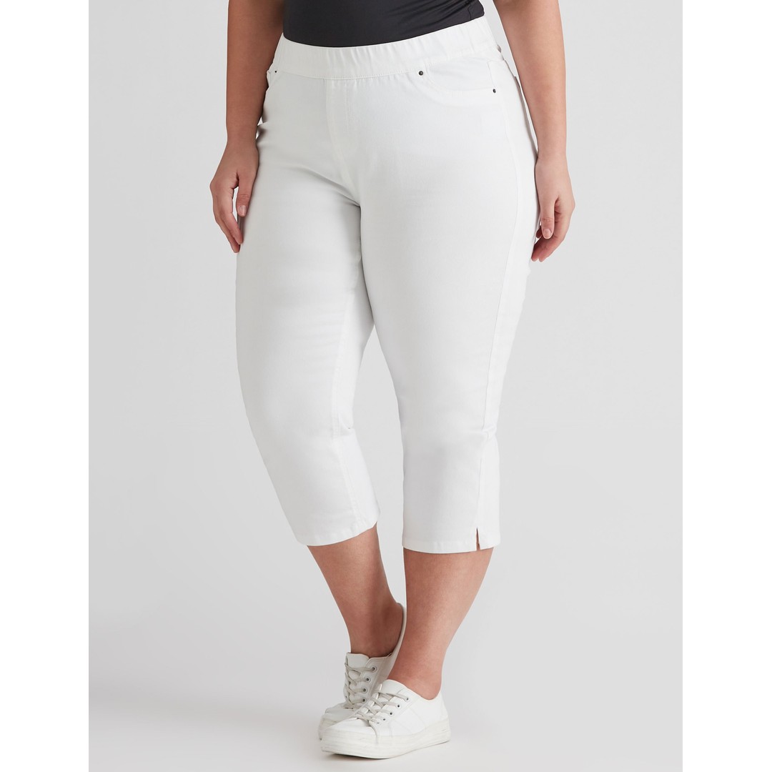 AUTOGRAPH - Plus Size - Womens Jeans - White Cropped - Cotton Pants - Work Wear - Elastane - Pull On - Straight Leg - Casual Fashion - Office Trousers, White, hi-res