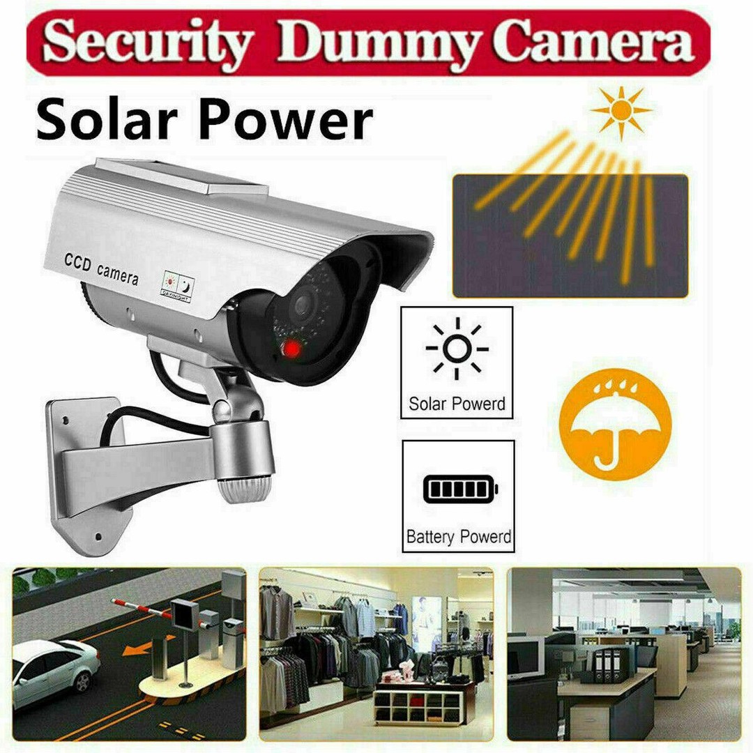 Solar Powered Dummy Security Camera, Bullet Fake Surveillance System with Realistic Red Flashing Lights and Warning Sticker Indoor Outdoor