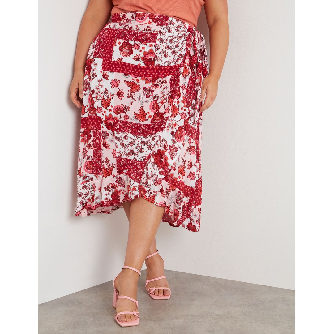 BeMe - Plus Size - Womens Skirts - Midi - Summer - Red - Floral - Work Clothes - Berry Patchwork - Oversized - Tie Waist Knee Length - Office Fashion