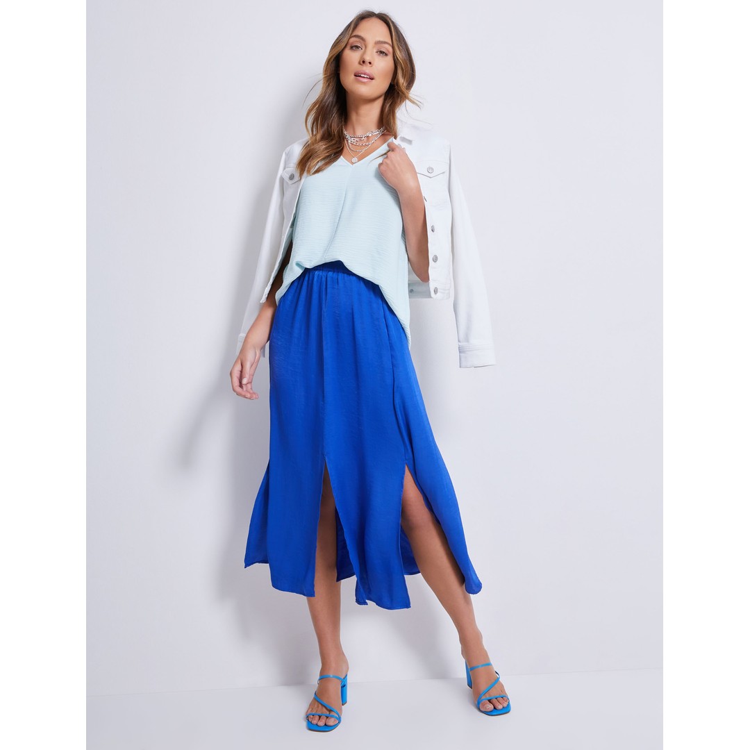 Womens Katies Split Front Midi Skirt, Bright Blue, hi-res
