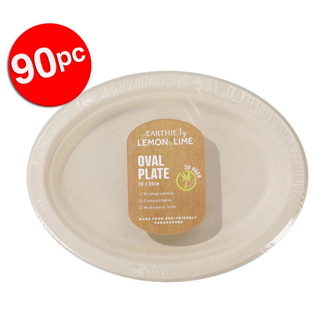 90pc Lemon & Lime Eco-Friendly/Biodegradable Disposable 26cm Oval Plate Natural
