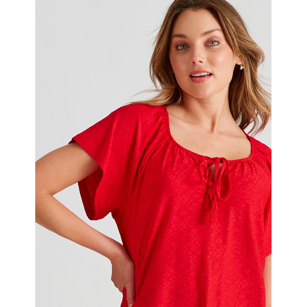 Womens Rockmans Embroidered Knit Tassel Top, Red, hi-res