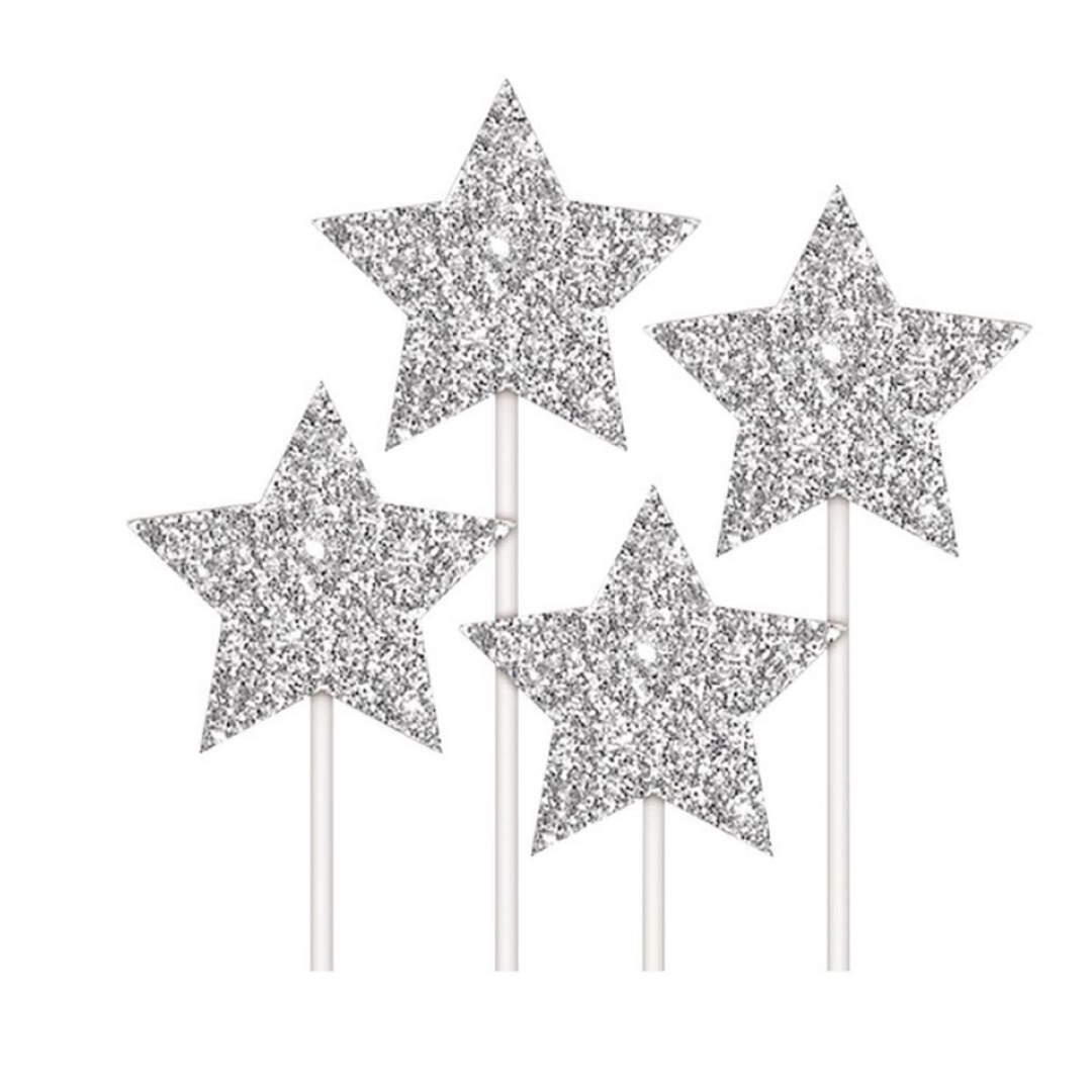 Silver Glitter Star Card Cake Toppers - 4 Pack, , hi-res