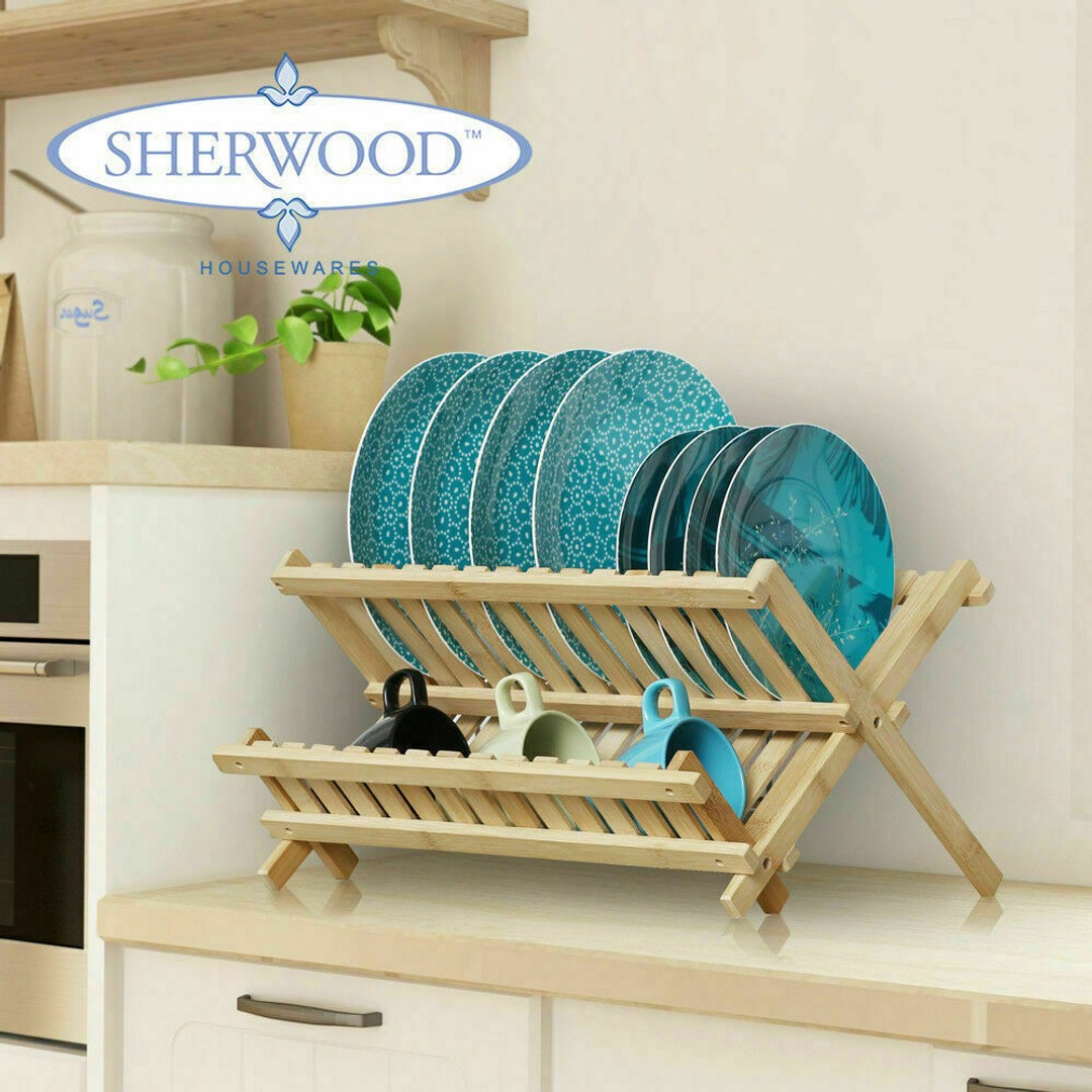 Sherwood Home Bamboo Folding Dish Rack - Natural Brown - 45x33x26cm, Natural Brown, hi-res