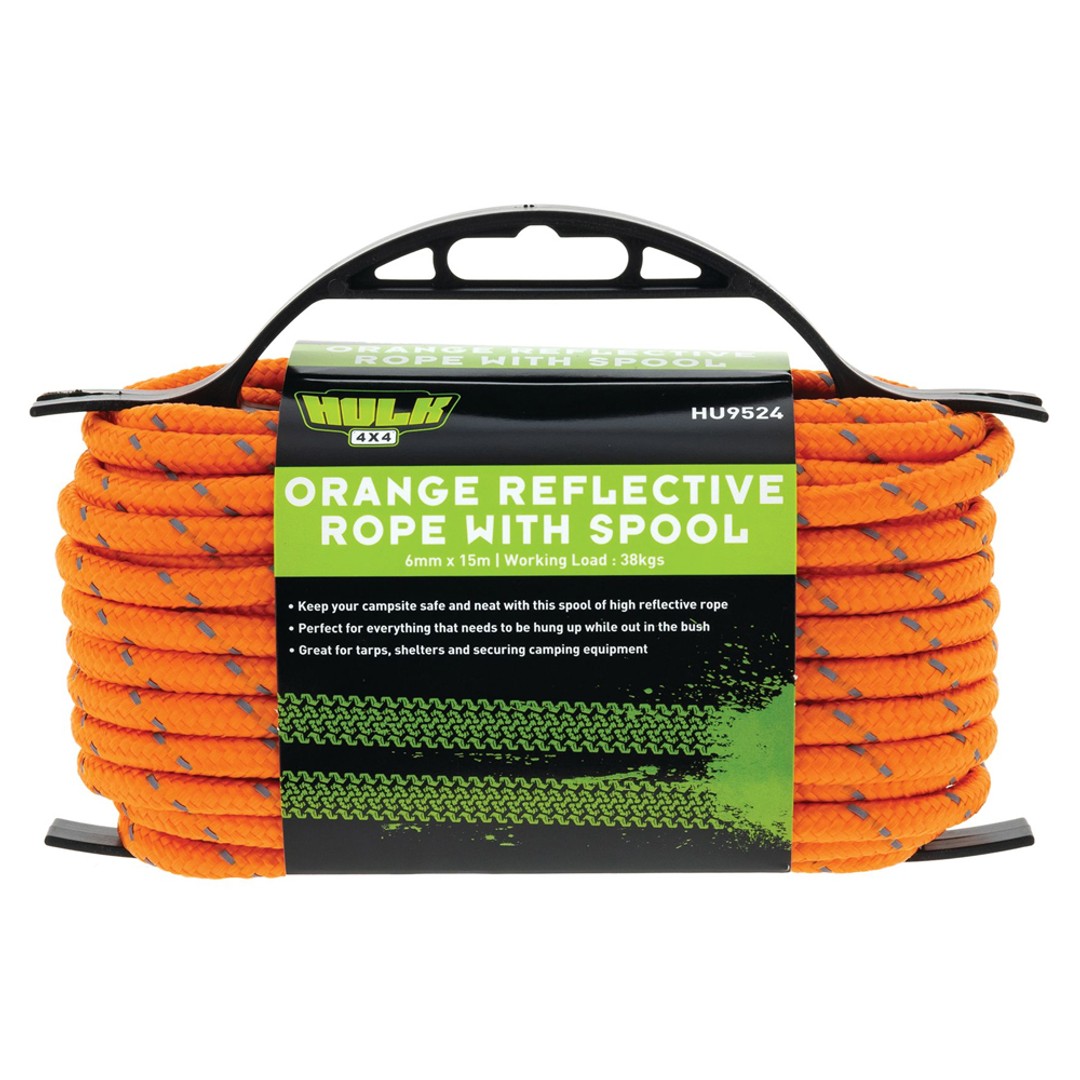 Hulk 4x4 Durable 15m Spooled Hi-Vis Reflective Rope For Tarps/Shelters Orange