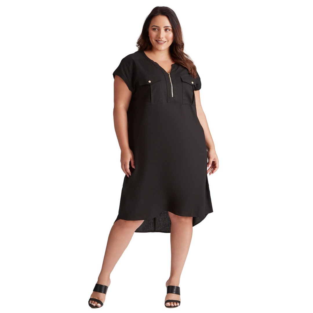 Womens Beme Extended Sleeve Zipped Front Pocket Dress - Plus Size, Black, hi-res