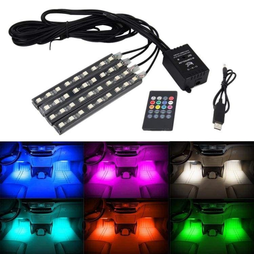 4 x RGB LED Light Bars for Car Interior, Solid or Music Activated, USB Powered