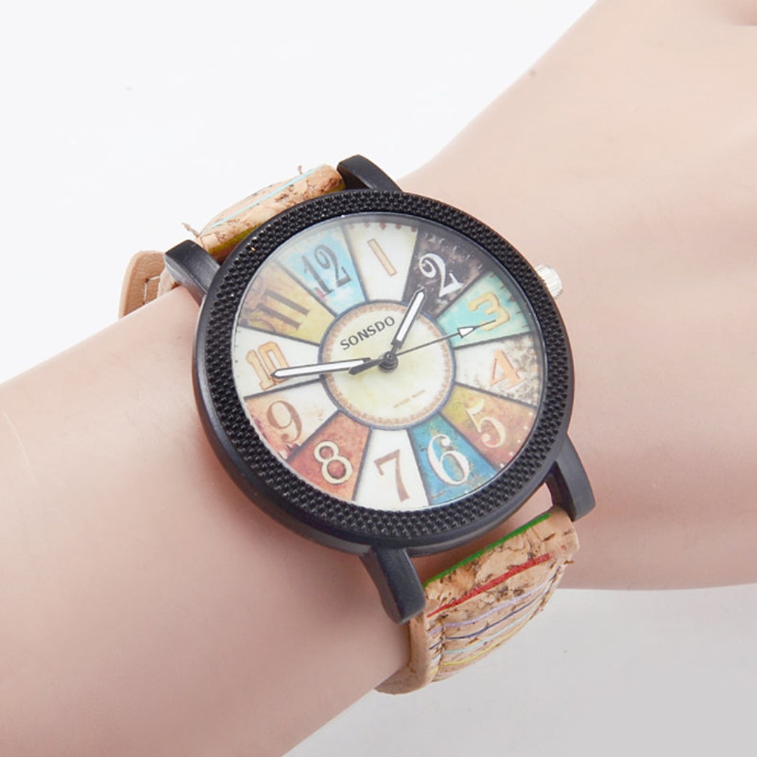 Casual Patchwork Vintage Leather Women Quartz Wrist Watch, As shown, hi-res