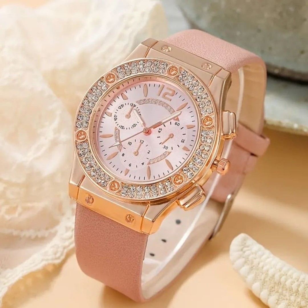 Watches Set Rhinestone Women Fashion Elegant Wristwatch Quartz Watch For Girl, Pink, hi-res