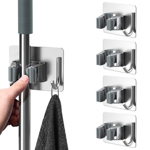4Pcs No Drill Mop Broom Holder Wall Mounted Mop Broom Organizer with Hooks