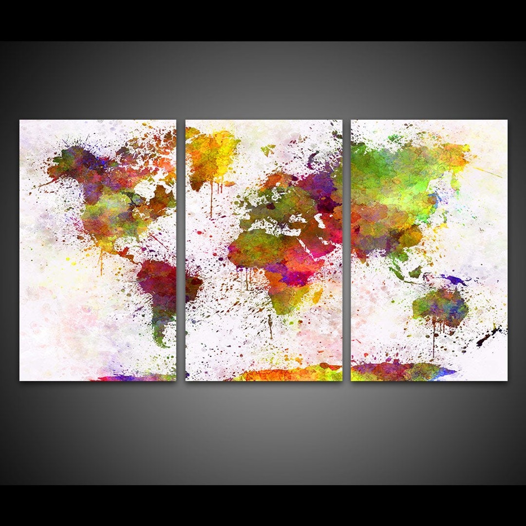 Framed 3 Panels - World Map - Canvas Print Wall Art