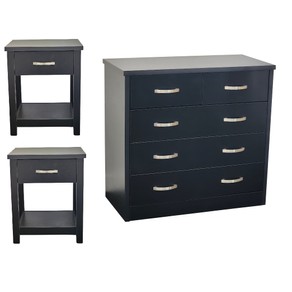 InStock Furniture and Homeware Gary Low Boy 4 Drawer & (2x) Gary Bedside Table Combo Black